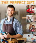 Man holding power tools, wearing apron, with gift-themed photo collage, titled 'The Perfect Gift'. Multiple people giving presents.