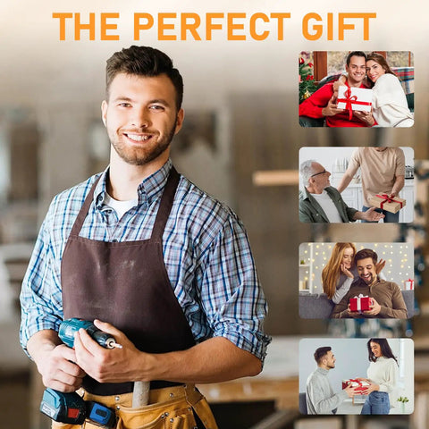 Man holding power tools, wearing apron, with gift-themed photo collage, titled 'The Perfect Gift'. Multiple people giving presents.