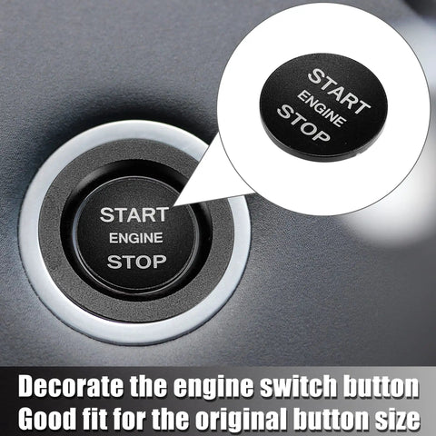 Push Start Button Cover Kit One Click Trim Sticker for Range Rover and Jaguar, black aluminum alloy, in car interior close-up