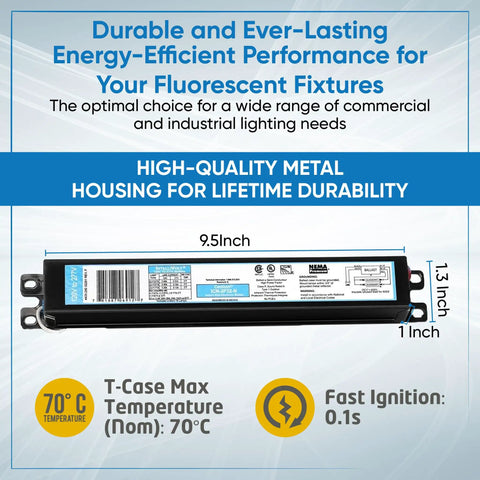 Instant Start Centium Fluorescent Ballast For 3 F32T8 Lamps 120-277V 50-60Hz with product dimensions and features