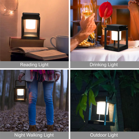 Outdoor Table Lamp With Bright LED Light, Solar Powered Rechargeable Lantern in various settings - reading, dining, walking, and outdoors