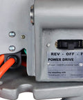 Close-up of Heavy Duty Pipe Threading Power Drive and Stand with power switch and orange cables, showing 110V 1500W specs.