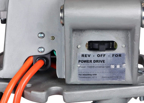 Close-up of Heavy Duty Pipe Threading Power Drive and Stand with power switch and orange cables, showing 110V 1500W specs.