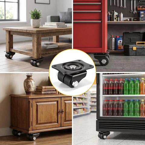 Heavy Duty Low Profile Caster Wheels 8 Pack Double Wheel Swivel Casters Real Deal Stability Smooth As Butter Furniture Movers image showing various installations on furniture and tools.