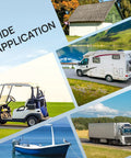 Collage showing wide application of 15 Amp 125V Shore Power Inlet with Weatherproof Outlet for golf carts, RVs, boats, and trucks.