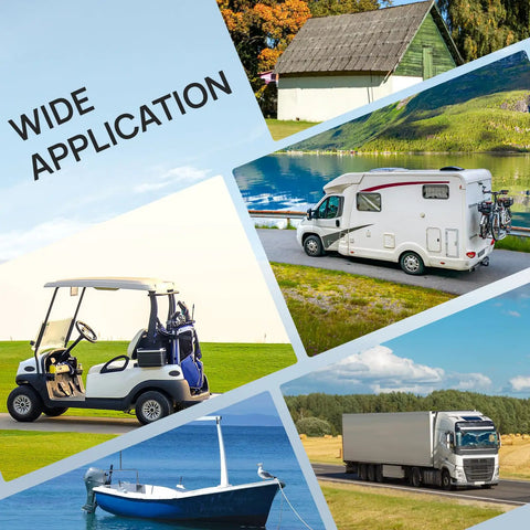 Collage showing wide application of 15 Amp 125V Shore Power Inlet with Weatherproof Outlet for golf carts, RVs, boats, and trucks.