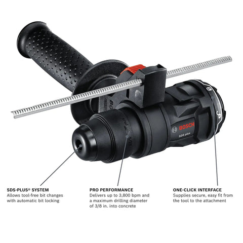 Compact SDS-Plus Rotary Hammer Attachment Turns Your 12V Max Drill Into a Tough as Nails Concrete Hammer, Part Of The 12V Max Chameleon System, Delivers Up To 3,800 BPM for Fast Efficient Drilling, featuring grip and interface specifications.