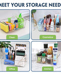 Heavy Duty Clear Plastic Pantry Storage Totes With Removable Dividers 2 Pack Kitchen Cabinet Organizers For Dry Goods Snacks Spices Medicine Fridge Shelf Caddies, shown in clean, cosmetics, office, and kitchen use.