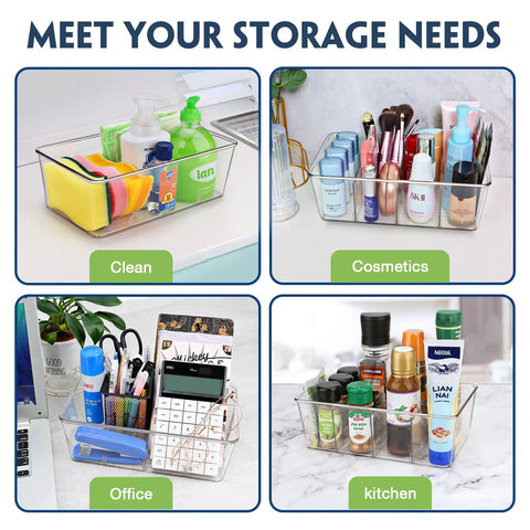 Heavy Duty Clear Plastic Pantry Storage Totes With Removable Dividers 2 Pack Kitchen Cabinet Organizers For Dry Goods Snacks Spices Medicine Fridge Shelf Caddies, shown in clean, cosmetics, office, and kitchen use.