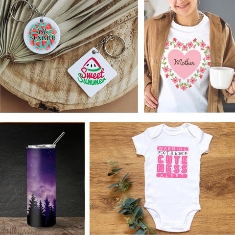 Assorted sublimated products including keychains, a shirt, a tumbler, and a baby onesie on various backgrounds