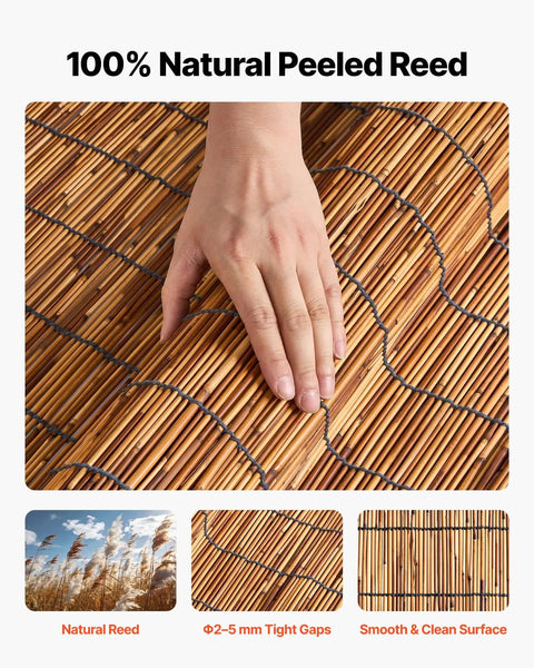 Hand touching Natural Reed Fencing Roll 4 Ft By 16.4 Ft 3 Pack Outdoor Privacy Screen Panels For Balcony Patio Garden Backyard Durable