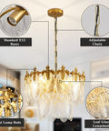 Next Level Two Layer Gold Crystal Glass Chandelier And Four Light Round Pendant Fixtures With Brushed Brass Finish and Adjustable Height showcasing adjustable chain and E12 bases.