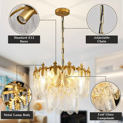 Next Level Two Layer Gold Crystal Glass Chandelier And Four Light Round Pendant Fixtures With Brushed Brass Finish and Adjustable Height showcasing adjustable chain and E12 bases.