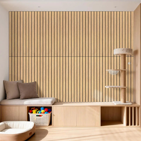Snag This Dope 6 Pack Set Of Teak Acoustic Wall Panels That Slash Echoes And Kill Room Noise Fast Premium High Quality Polyester Sound Absorbing Pads For Creators on a stylish wall.