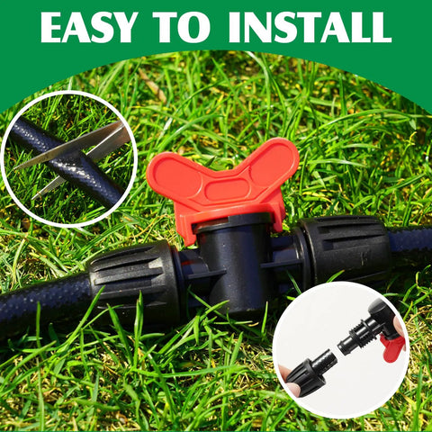 Close-up of Fifty Foot Half Inch Drip Irrigation Tubing Kit With Switch Valves on green grass, showing installation process.