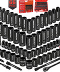 66 Piece One Half Inch Drive Impact Socket Set With Deep And Standard 6 Point Cr-V Sockets SAE Three Eighths To One And A Quarter Inch And Metric Ten To Twenty Four Millimeter Plus Ratchet Extensions Adapters Universal Joint Drill Adapter And Storage Case displayed