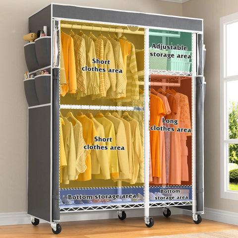 Straight Up Heavy Duty Rolling Clothes Rack With Removable Dust Cover Portable Closet Featuring Four Hanging Zones Adjustable Shelf And Smooth Gliding Wheels For Zero Hassle Storage