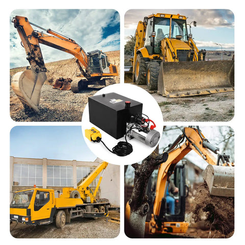 Lfgud 20 Quart Hydraulic Power Unit With Metal Tank 3200PSI Single Acting Pump And Control Remote 12V DC Motor in heavy machinery setup.