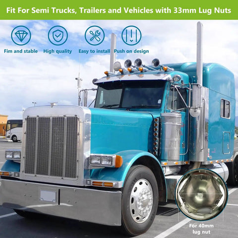 Semi truck with 20 Pack Lug Nut Covers For Semi Trucks And Rigs 33mm By Two And One Half Inch Thread On Push On Caps