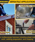 Heavy Duty 18oz Tinners Hammer for sheet metal installations, showing hammer in use for metal roof repair and ventilation projects
