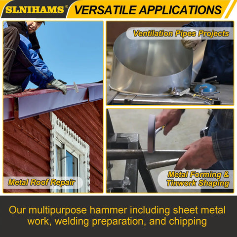 Heavy Duty 18oz Tinners Hammer for sheet metal installations, showing hammer in use for metal roof repair and ventilation projects