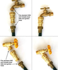 Brass lead-free water pressure regulator with 3/4 in hose thread and yellow wheel handle, shown in front and side views.