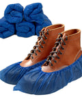 Brown boots covered with Disposable Blue Shoe Covers 50 Pack 25 Pairs One Size Fits All Non Slip Waterproof Indoor Booties