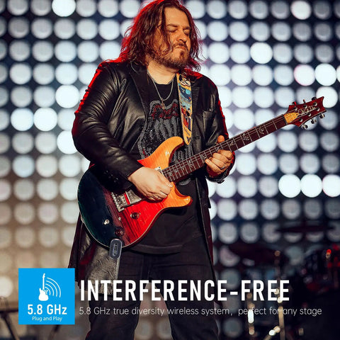 Guitarist using A58 5.8GHz Wireless Guitar System True Diversity Transmitter And Receiver on stage with electric guitar