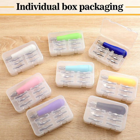 12 Pack Linoleum Cutter Kit For Block Printing And Linocut in individual box packaging with colorful handles and blades.