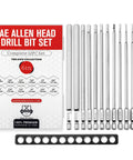 12 Piece 6 Inch Long Hex Head Allen Wrench Drill Bit Set Impact Ready S2 Steel SAE One Quarter Inch Hex Bits With Storage Case For Tough Jobs And DIY Projects displayed with packaging and holder.