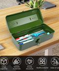 Built Tough 15 Inch Metal Tool Box With Locking Lid And Carry Handle Portable Tool Storage Case For Tools Screws And Small Parts Locking Hardware Organizer In Green open on a desk.