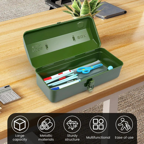 Built Tough 15 Inch Metal Tool Box With Locking Lid And Carry Handle Portable Tool Storage Case For Tools Screws And Small Parts Locking Hardware Organizer In Green open on a desk.