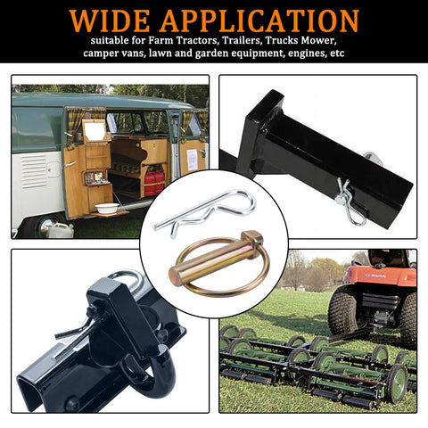 Collage showcasing 200 Piece Heavy Duty Pin Assortment Kit For Trailers, Tractors, Trucks, Mowers And Farm Equipment in use