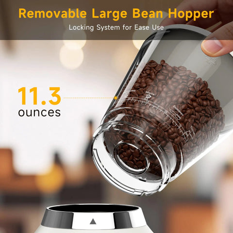 Removable large bean hopper for Next Level Electric Burr Coffee Grinder With 34 Dead Simple Settings And 40 Millimeter Stainless Steel Conical Burrs.