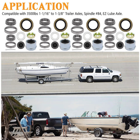 4 Set Boat Trailer Bearing Kit For 3500Lb EZ Lube Axles With L68149 and L44649 Bearings Seals 171255TB displayed with trailers