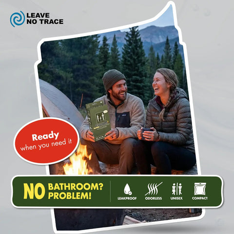 Couple camping holding Adventurer Resealable Disposable Urinal Bags For Travel Emergency Camping And Car Trips Leak Proof.