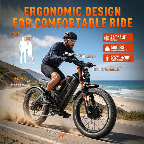 6000W Beast Electric Bike For Adults Cracking 52 Mph With 60V 80Ah Battery Churns 300 Plus Miles. 26 Inch Fat Tire Ebike on a road.