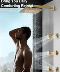 GRANDJOY 12" Shower System with Handheld Spray, Brushed Gold, featuring rainfall head and six body jets in action.