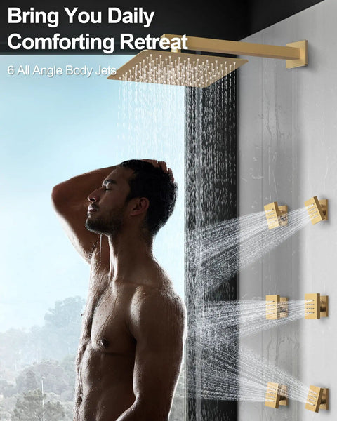 GRANDJOY 12" Shower System with Handheld Spray, Brushed Gold, featuring rainfall head and six body jets in action.