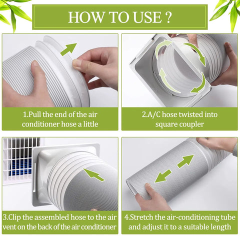 Step-by-step guide for Portable Air Conditioner Exhaust Hose, 80 Inch Long, 5.9 Inch Diameter, with Square Exhaust Hose Connector.