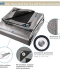 10 mil waterproof heavy duty tarp with eyelets and reinforced edges illustrating durable construction and material details