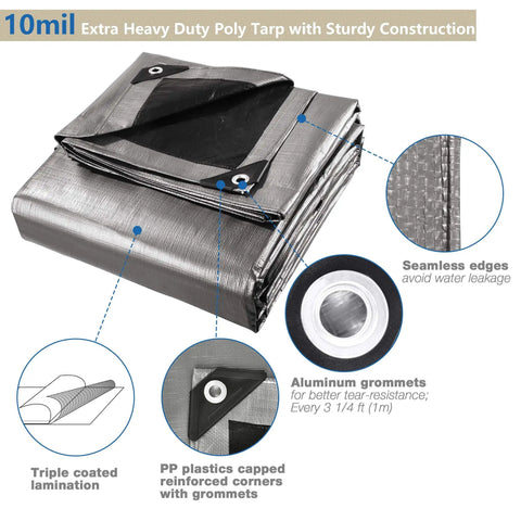 10 mil waterproof heavy duty tarp with eyelets and reinforced edges illustrating durable construction and material details