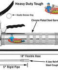Pistol Grip Grease Gun Workhorse with heavy duty steel build, balloon plunger technology, 18 inch hose, chrome plated barrel.