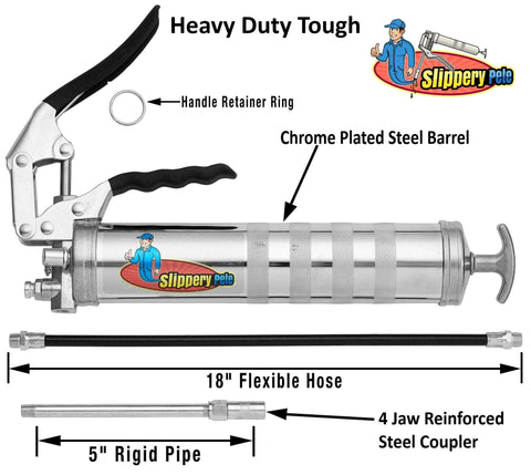 Pistol Grip Grease Gun Workhorse with heavy duty steel build, balloon plunger technology, 18 inch hose, chrome plated barrel.