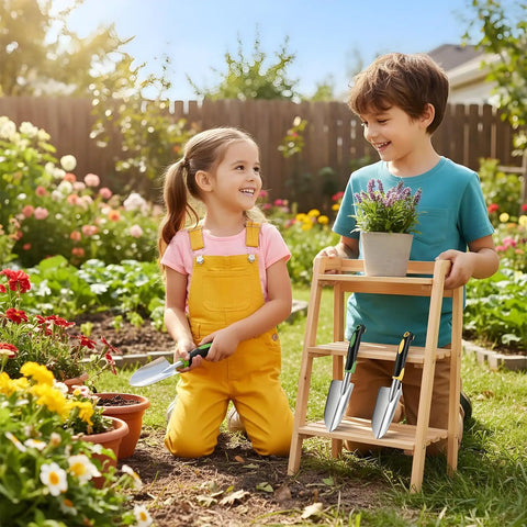Children in garden with 10 Piece Go To Garden Trowel Set With Heavy Duty Hand Shovels Soft TPR Handles and flowers