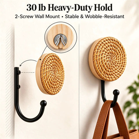 Four Pack Slick Boho Wall Hooks Decorative Wide Opening Coat Rack For Towels Backpacks And Purses With Rock Solid Screw Mount Heavy Duty Home Storage For Keys Jewelry And Everyday Carry, showing a close-up of woven hook.