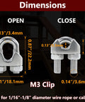 Dimensions of 20 Pcs 1/8 Inch M3 Stainless Steel Wire Rope Cable Clips Clamp Set For DIY Rigging Handyman Projects.