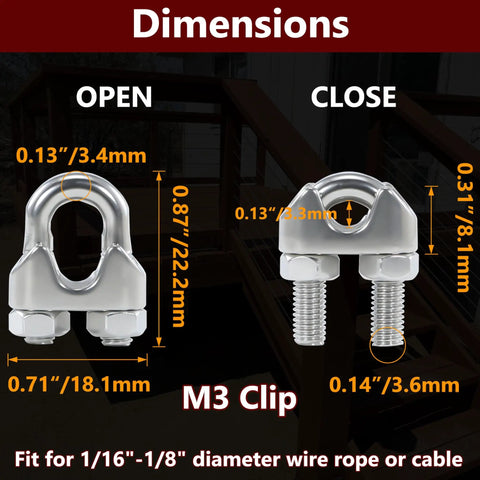 Dimensions of 20 Pcs 1/8 Inch M3 Stainless Steel Wire Rope Cable Clips Clamp Set For DIY Rigging Handyman Projects.