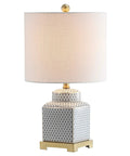21.5 Inch White And Navy Ceramic Ginger Jar LED Table Lamp With Fishnet Chinoiserie Pattern, White Linen Shade, Brass Gold Base.