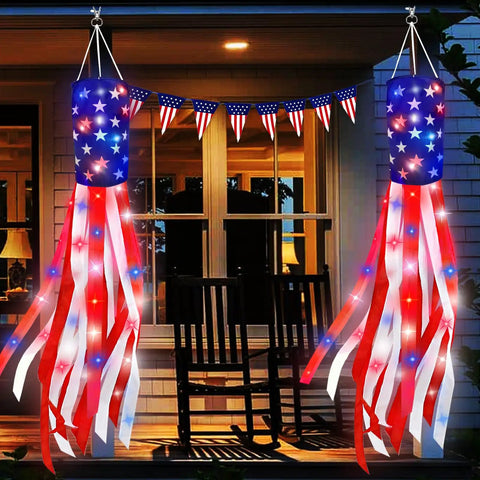 Patriotic 2 Pack 40 Inch American Flag Windsocks With Lights For Fourth Of July Memorial Day Independence Day Decor Red White Blue Stars And Stripes Hanging Windsocks.